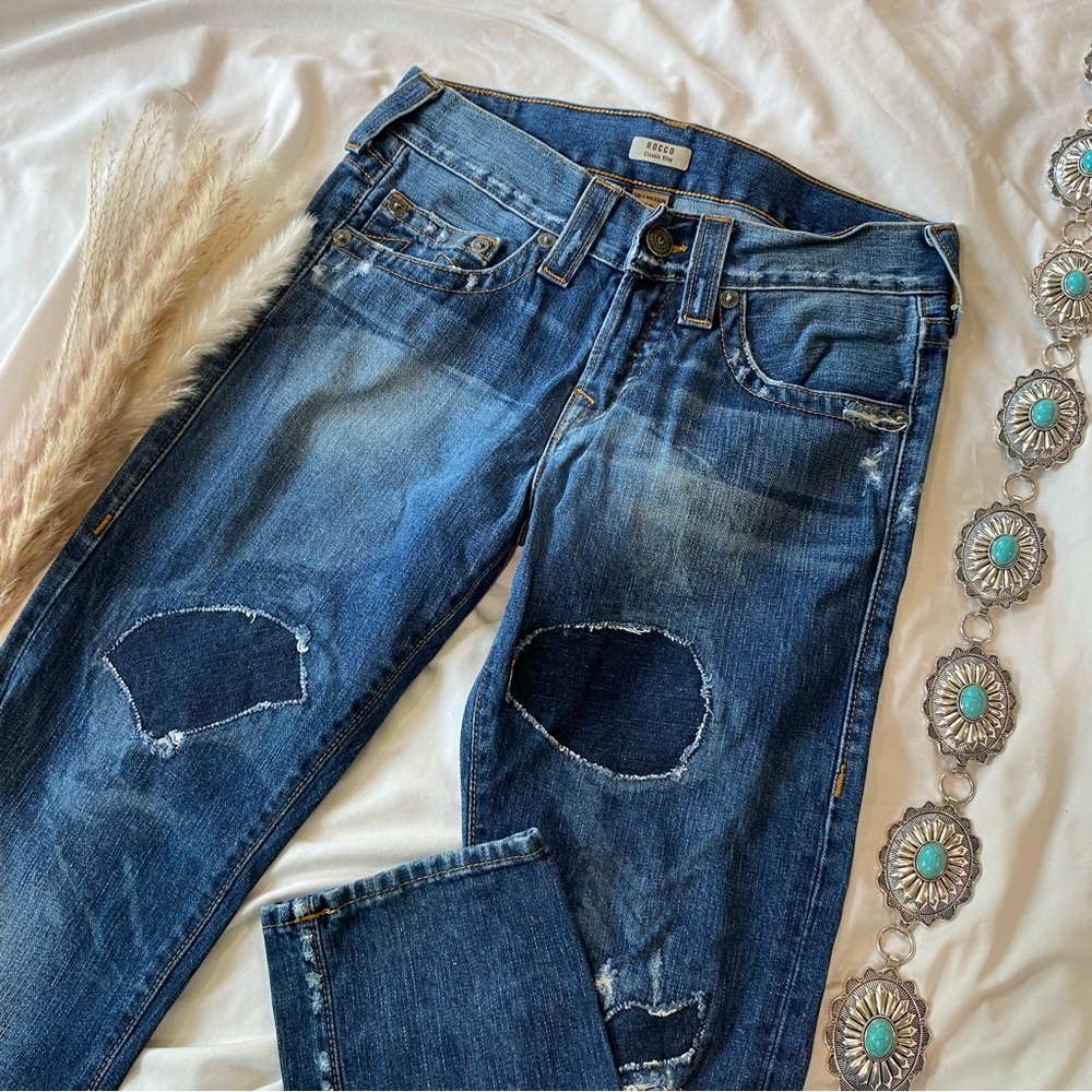 True Religion Rocco Classic Slim Jeans, Distressed With Patches, Size 28, Casual
